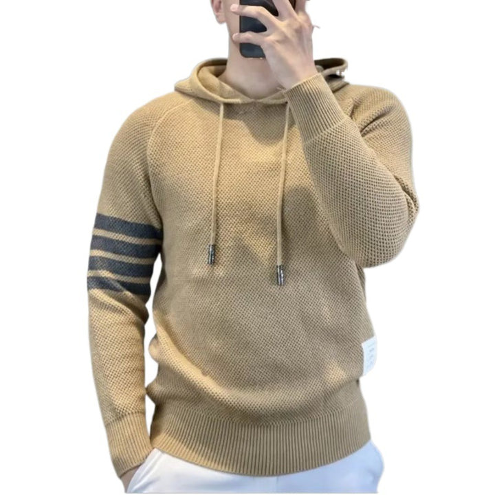 Men's Sporty Knit Sweater with Hood and Stripes Mune Fashion