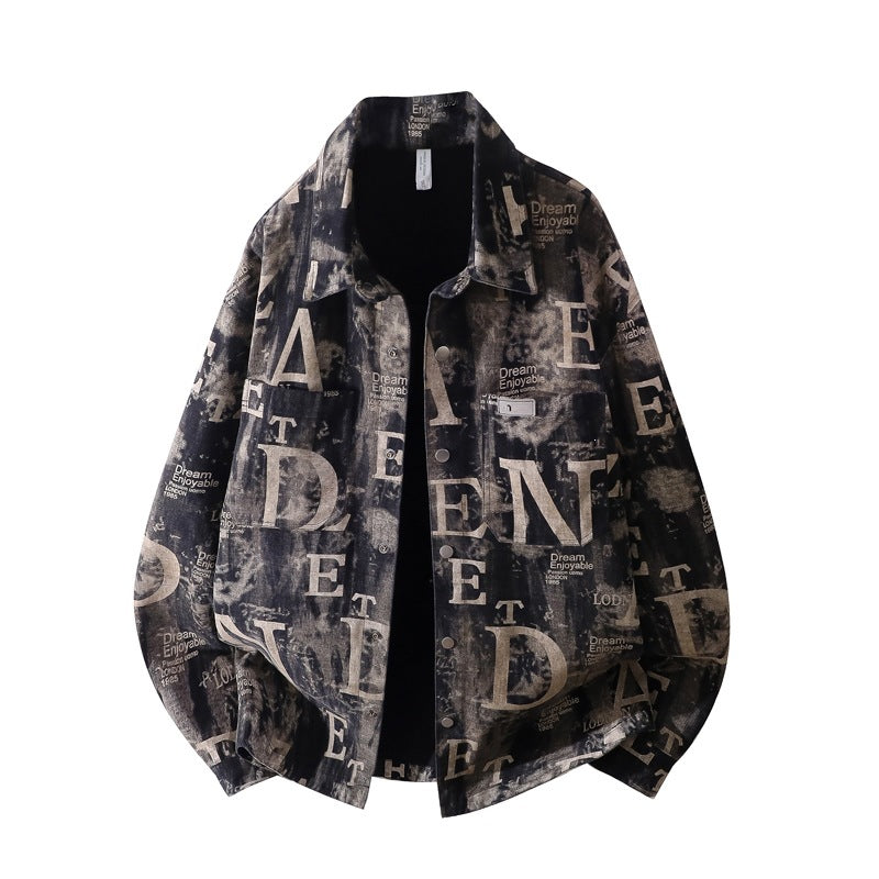 Men's Oversized Denim Jacket in Used Print with Snap Button Front Mune Fashion