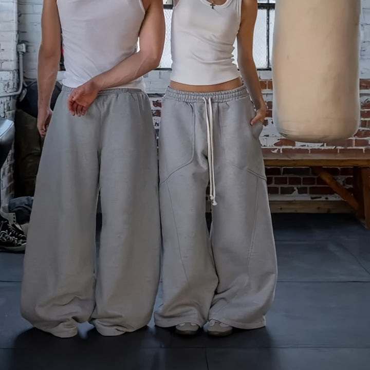 Women Extra Wide Lounge Jogging Pants with High Waist, Drawstring & Shaped Knee Panels Mune Fashion