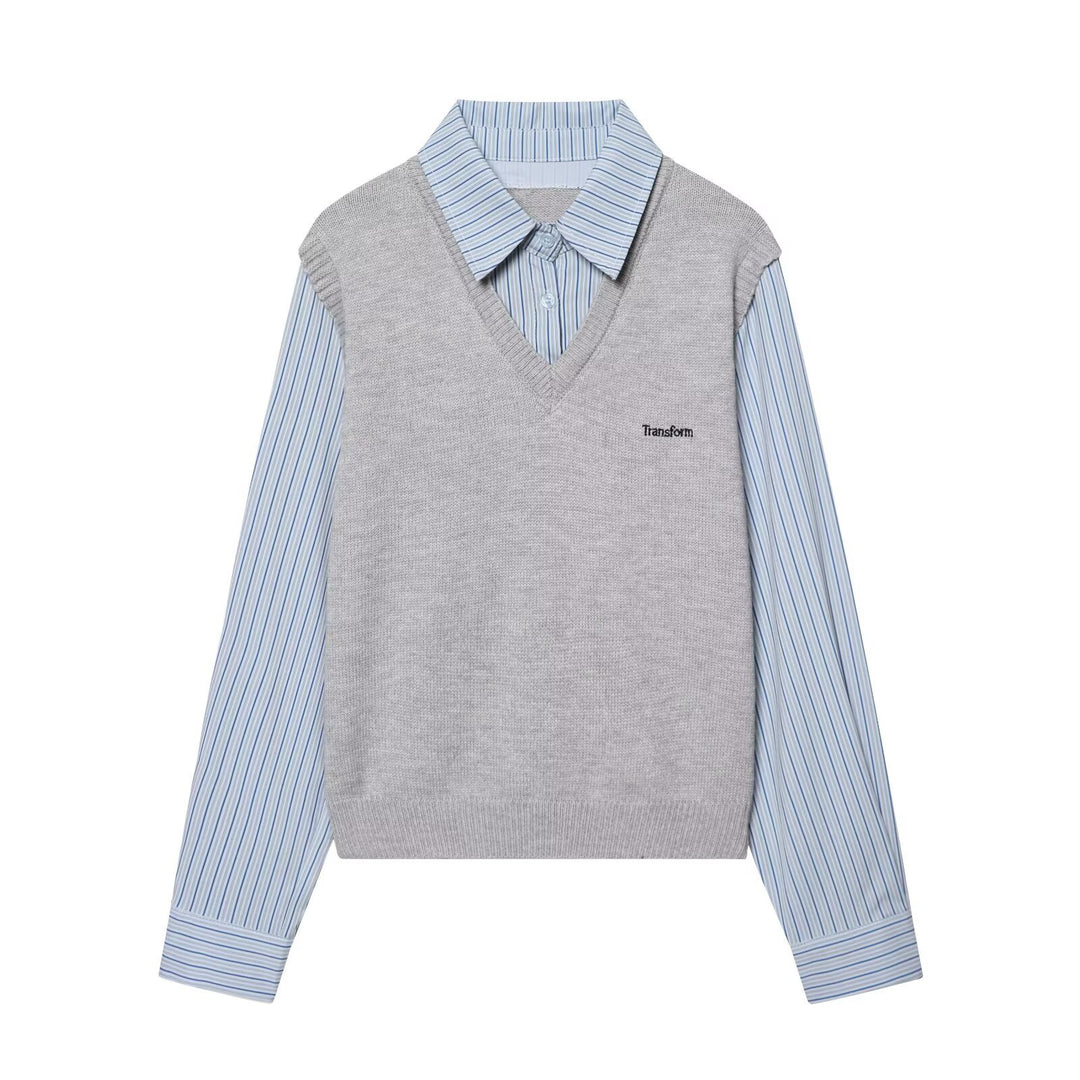 Ladies Layered Look Shirt with V-Neck Knit Vest Mune Fashion
