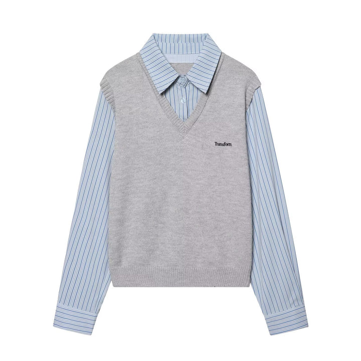 Ladies Layered Look Shirt with V-Neck Knit Vest Mune Fashion