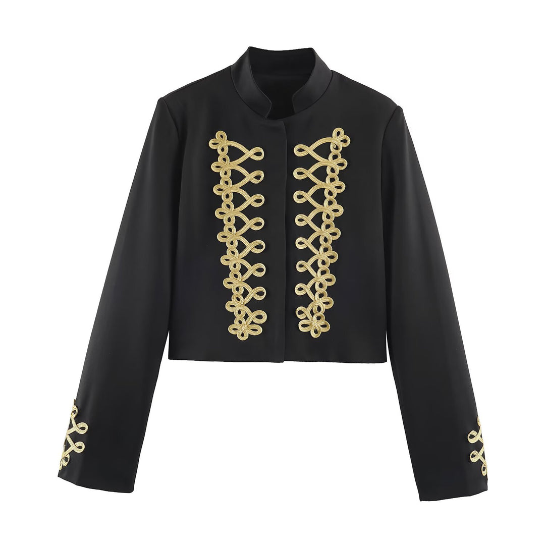 Women's short military-style jacket with gold trim and stand-up collar Mune Fashion