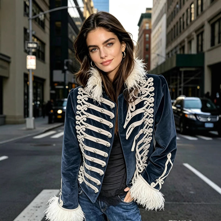 Women's Velvet Military Jacket with Decorative Straps and Feather Trim Mune Fashion