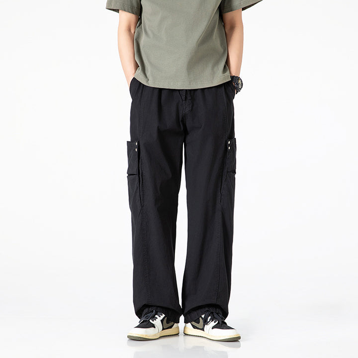 Men's Wide Nylon Cargo Pants in Utility Style with Side Flap Pockets Drune