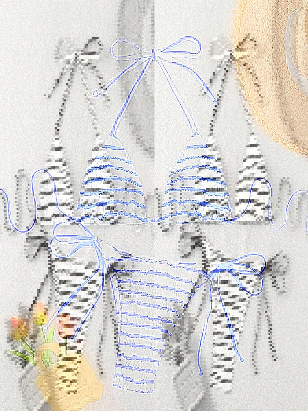 Women triangle bikini with fine stripe pattern and sophisticated tie straps Mune Fashion