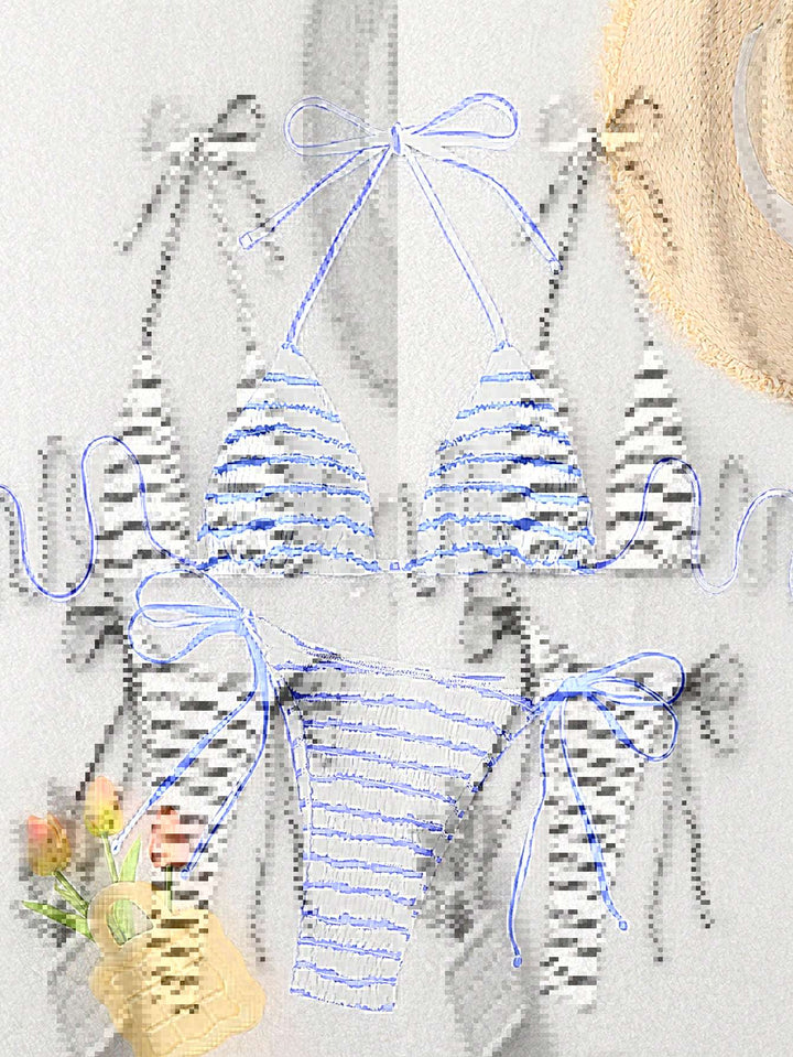 Women triangle bikini with fine stripe pattern and sophisticated tie straps Mune Fashion