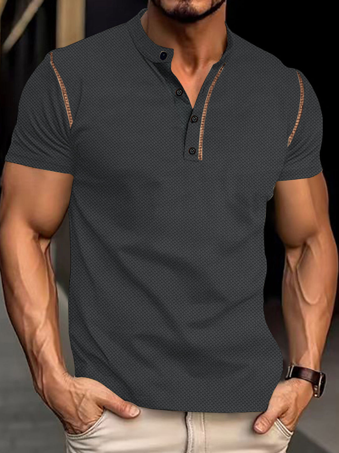 Men's tapered structured polo shirt with stand-up collar and decorative piping Mune Fashion