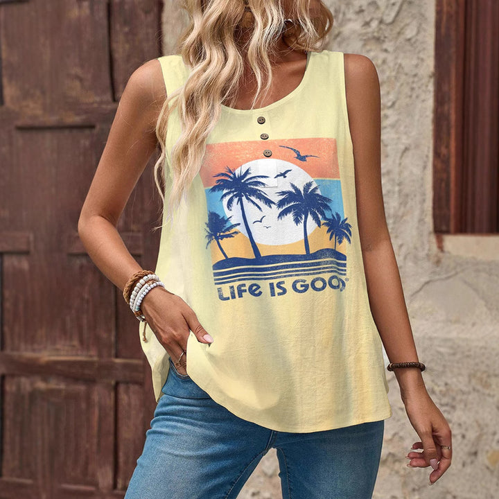 Women's sleeveless summer top with palm motif, decorative button placket and loose fit Mune Fashion