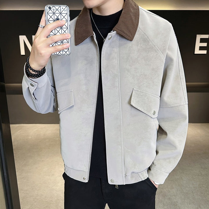 Men's Oversized Velour-Look Transitional Blouson with Shirt Collar, Zipper & Elastic Hem