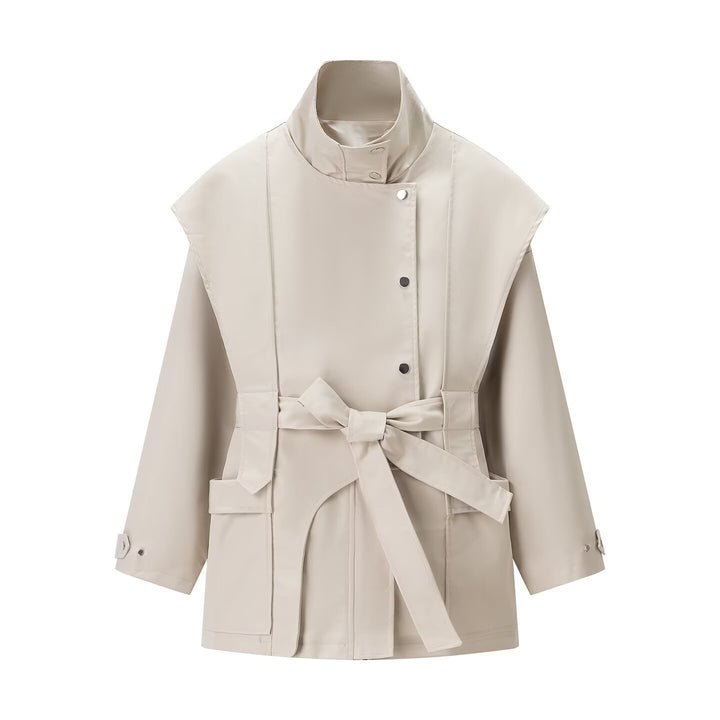 Women’s short trench coat with cape shoulder, high stand-up collar and belt Mune Fashion