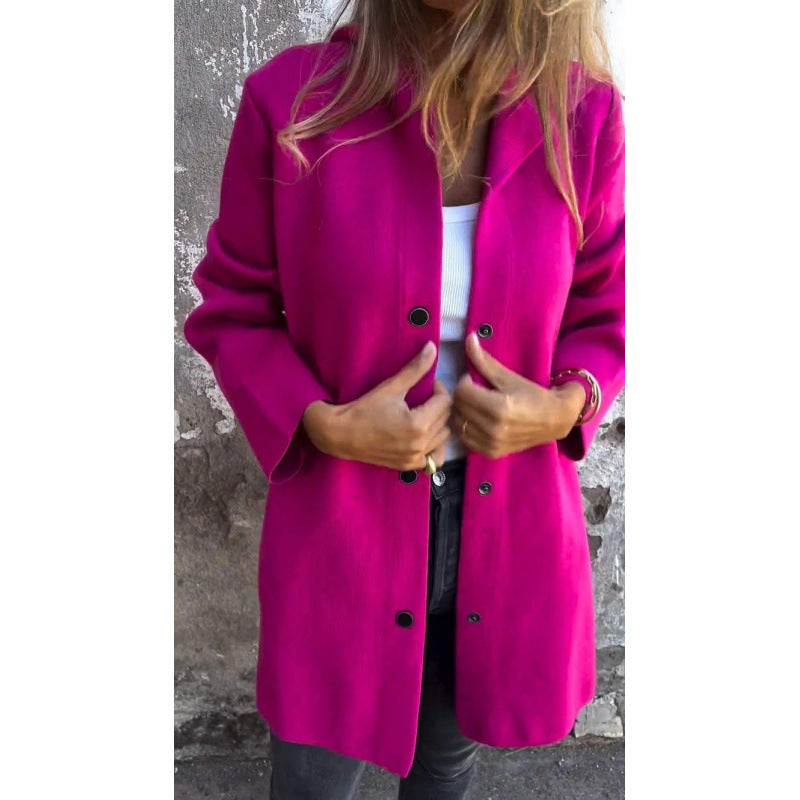 Women's Midi Length Oversized Coat made of Wool Blend with Clear Button Placket and Minimalist Lapels Mune Fashion