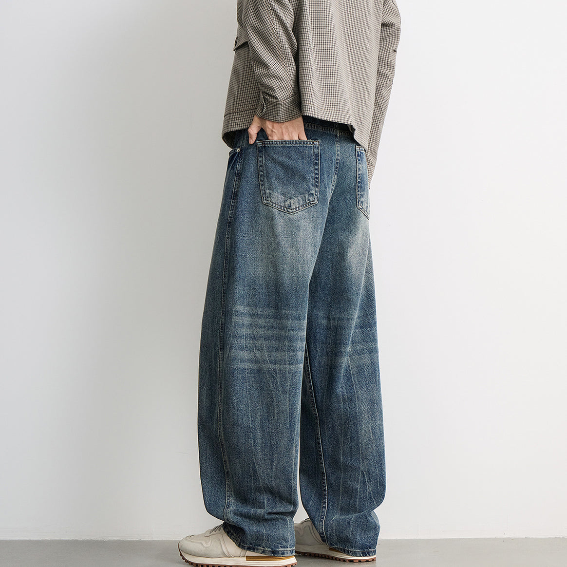 Men's wide balloon jeans with extra wide legs, low crotch, and authentic used wash Mune Fashion