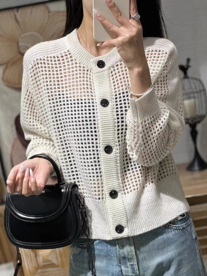 Women Loose Mesh Cardigan with Openwork, Round Neckline and Button Placket Mune Fashion
