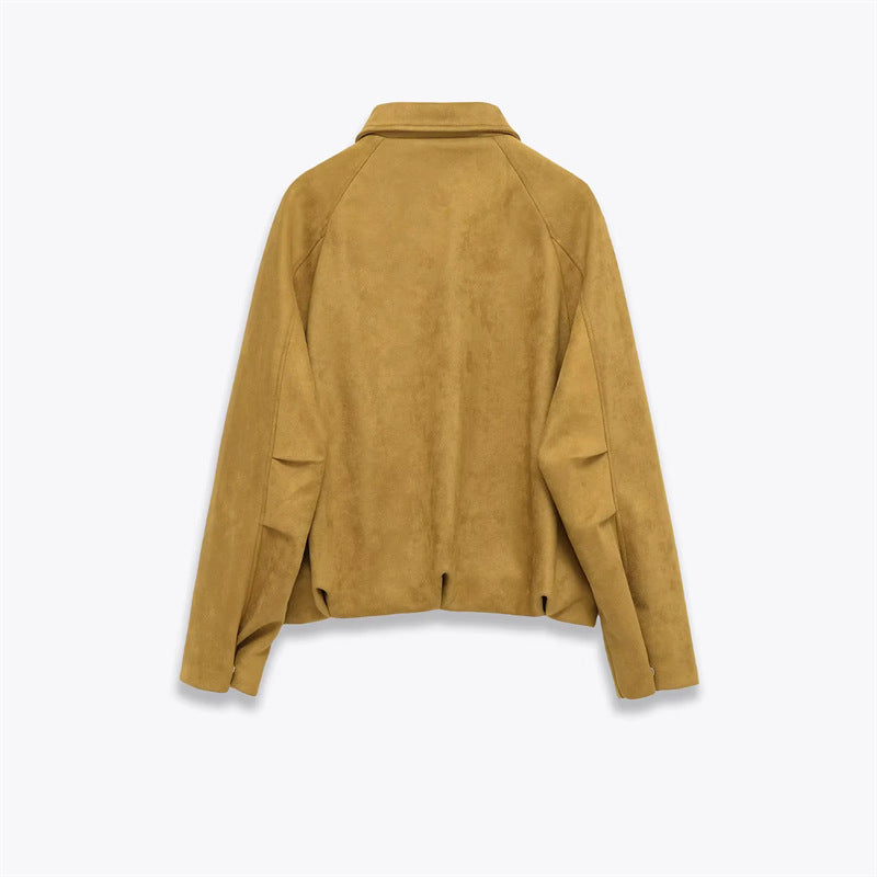 Women's cropped suede look bomber jacket with concealed zipper and tailored elastic hem Mune Fashion