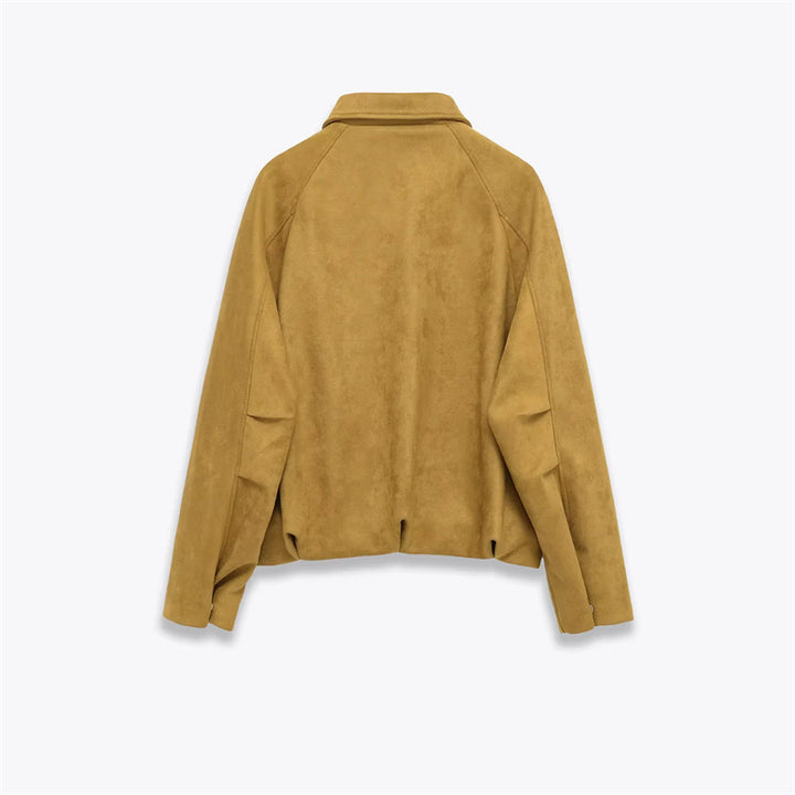 Women's cropped suede look bomber jacket with concealed zipper and tailored elastic hem Mune Fashion