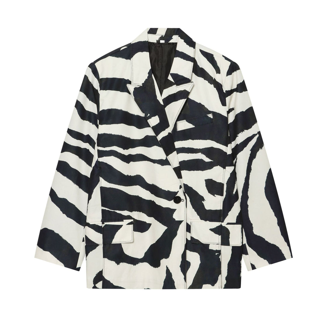 Women's oversized zebra print blazer with shawl collar, single button closure, and patch pockets Mune Fashion