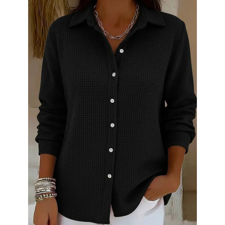 Women's Structured Shirt Blouse in Waffle Knit with Classic Collar and Continuous Button Placket Mune Fashion