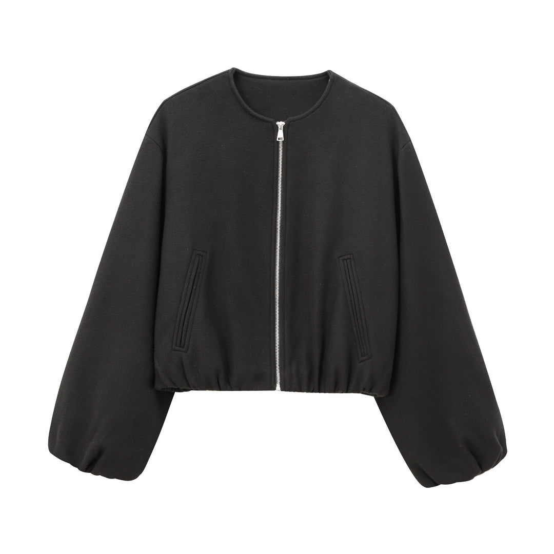 Women's Short Wool Blend Bomber with Round Neck, Zipper and Elastic Hem Mune Fashion
