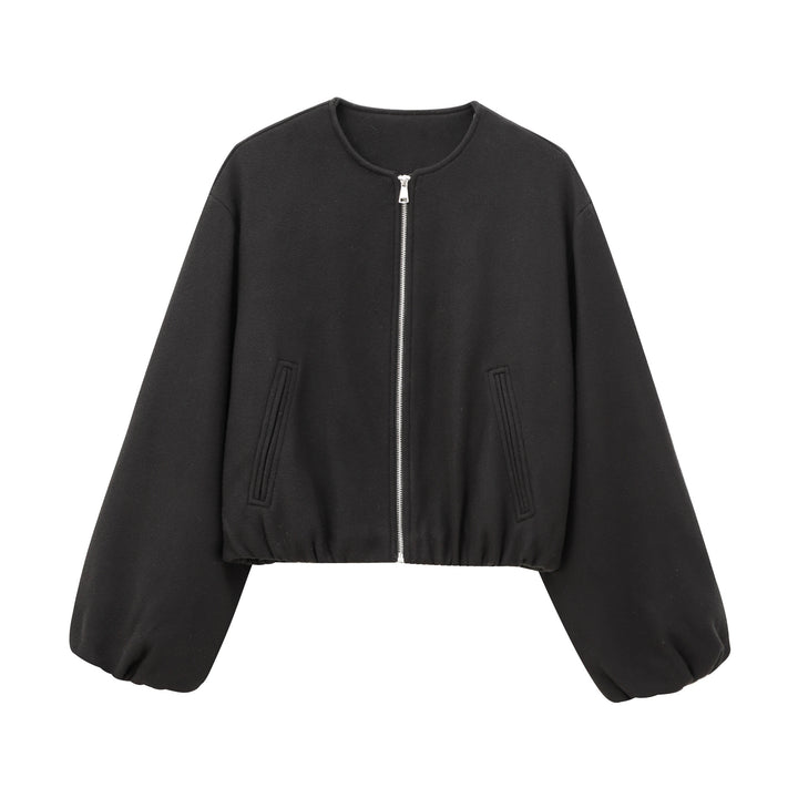 Women's Short Wool Blend Bomber with Round Neck, Zipper and Elastic Hem Mune Fashion