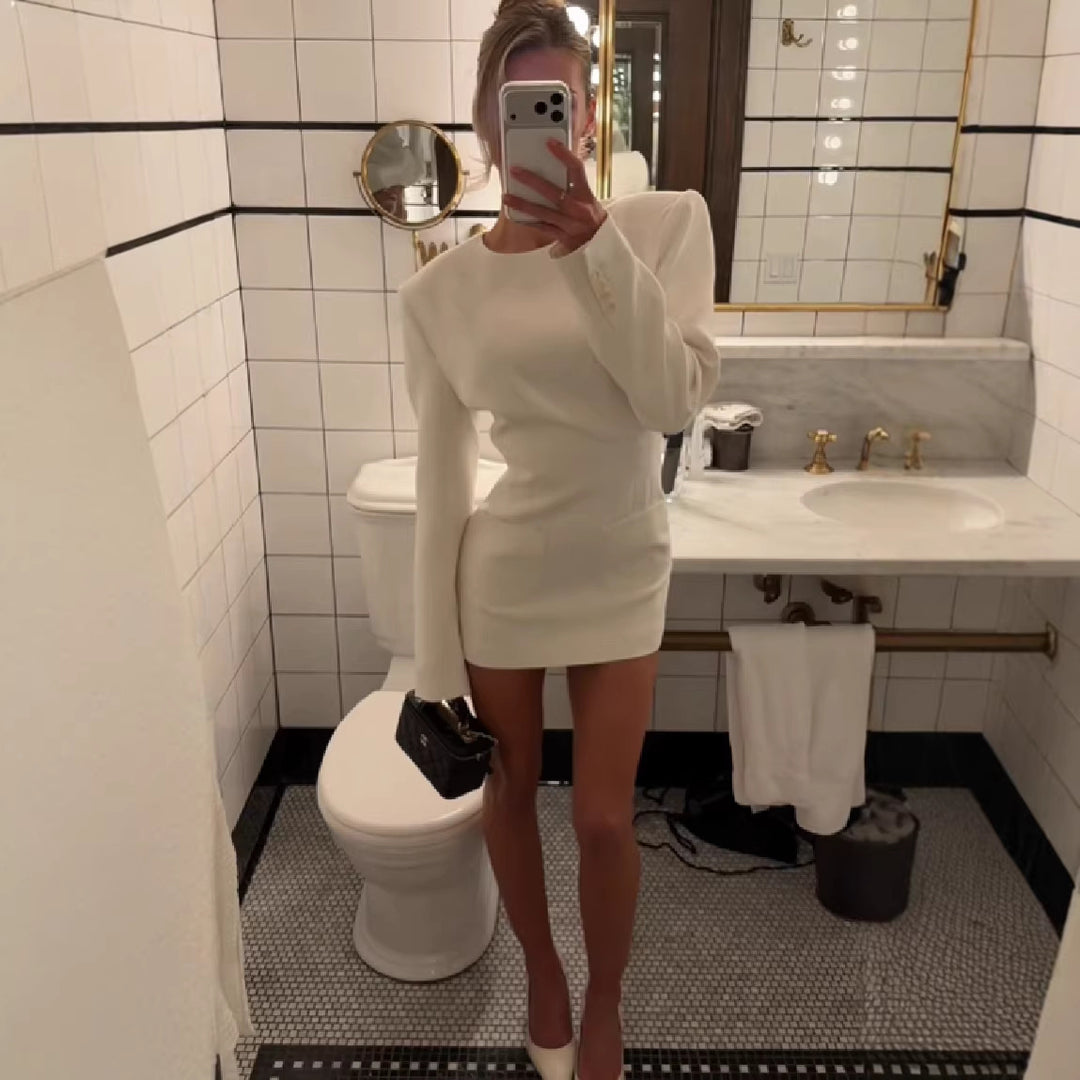 Women Figured Fitted Mini Dress with Emphasized Shoulders and Patch Pockets Mune Fashion