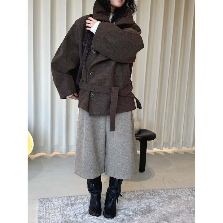 Women High-Waisted Culotte Pants made of Wool Blend with Pleat Mune Fashion