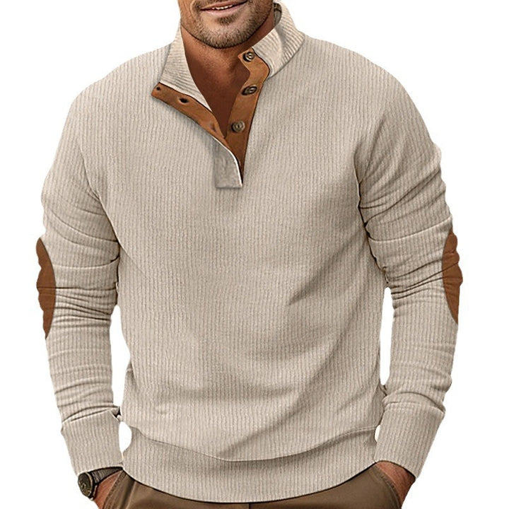 Men's structured rugby sweater with stand-up collar, button placket, and leather elbow patches Mune Fashion