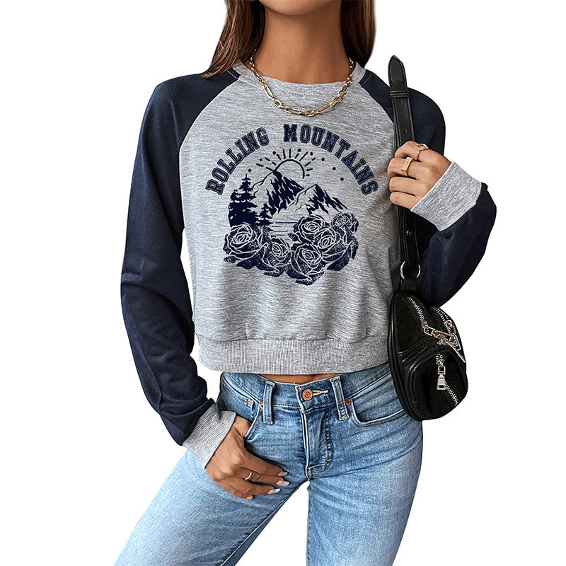 Women's Cropped Raglan Sweatshirt with Mountain Motif, Gathered Hem and Contrast Sleeves Mune Fashion