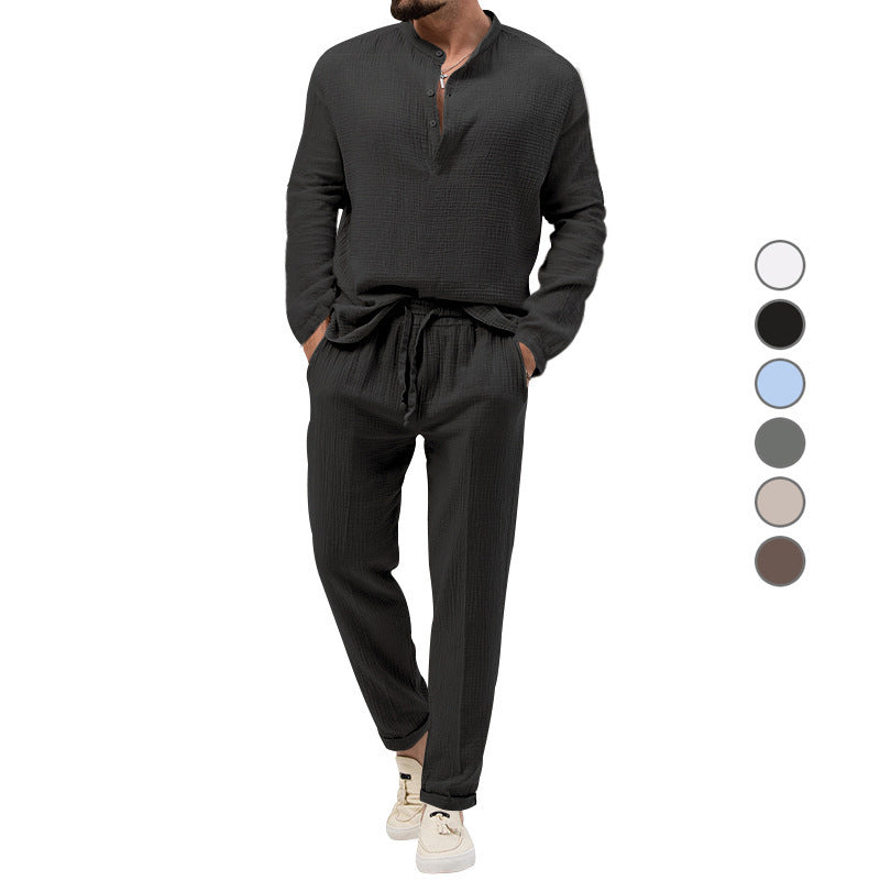 Men's Casual Two-Piece Lounge Set made of Cotton Gauze with Henley Top and Drawstring Pants Mune Fashion
