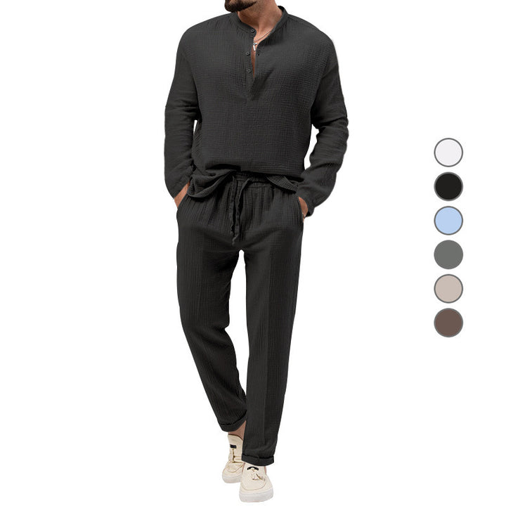 Men's Casual Two-Piece Lounge Set made of Cotton Gauze with Henley Top and Drawstring Pants Mune Fashion