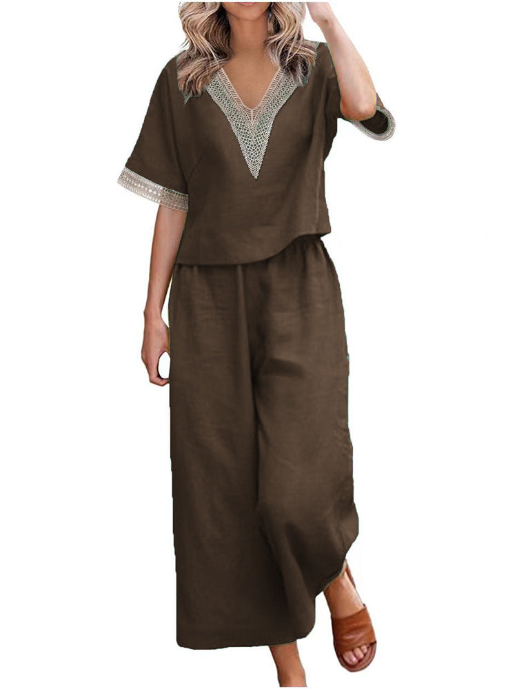 Ladies Fashionable Two-Piece Set with V-Neck and Decorative Accents Mune Fashion