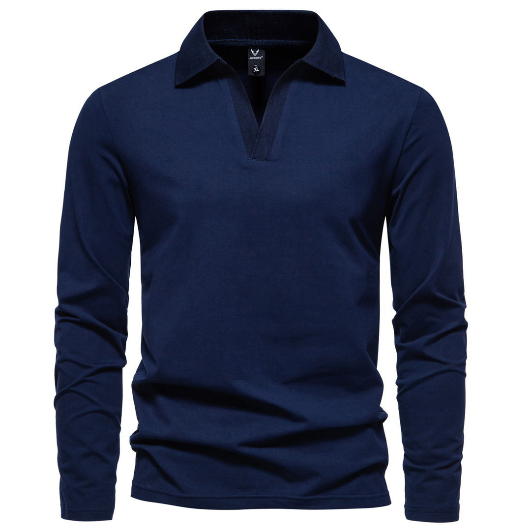 Men's long sleeve polo with open V-neck, fine ribbed collar and slim silhouette Mune Fashion
