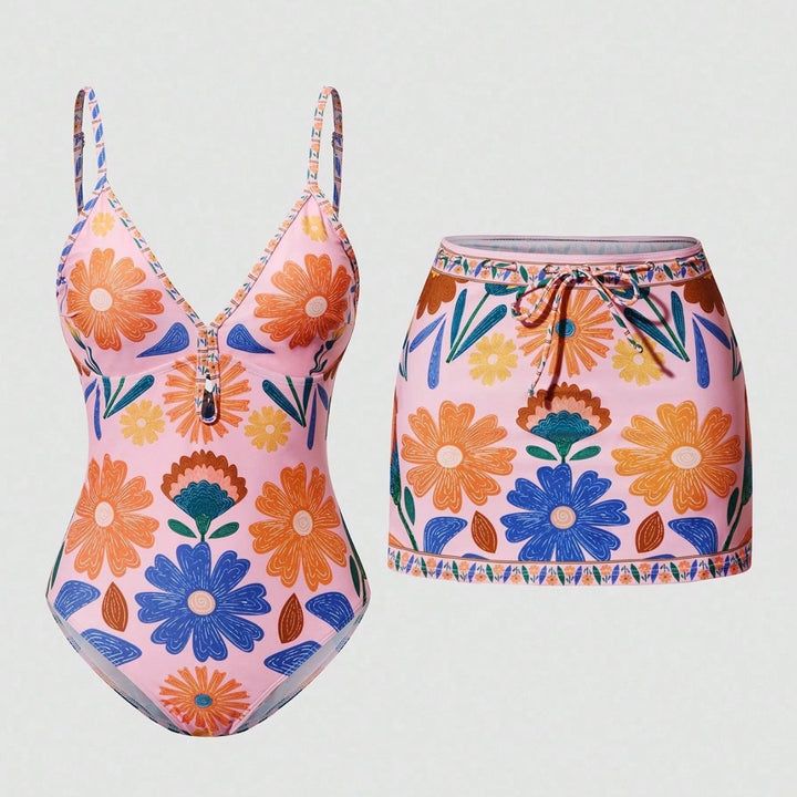 Women's swimsuit with floral design and detachable skirt Mune Fashion