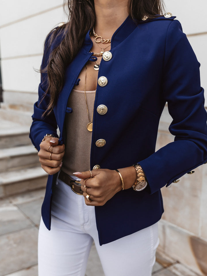 Women's military blazer with stand-up collar and decorative gold buttons Mune Fashion