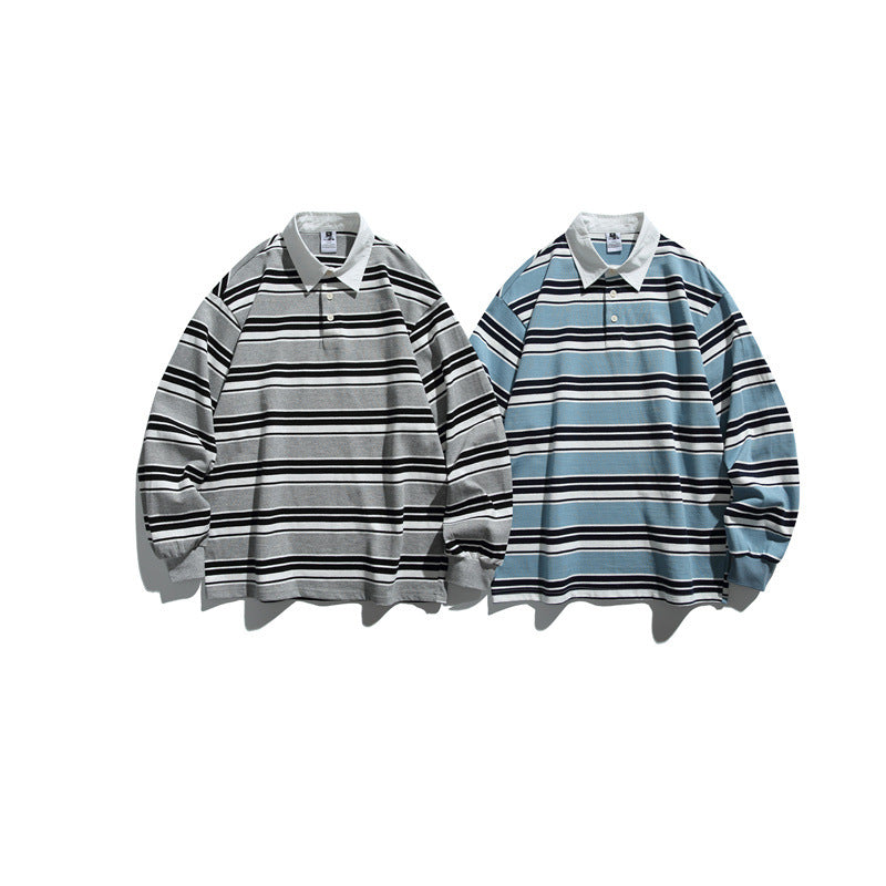 Unisex Striped Rugby Polo in Oversize Cut with Contrasting Shirt Collar Mune Fashion
