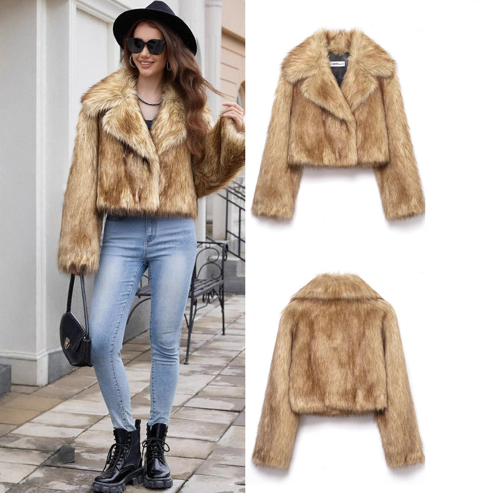 Women's Short Fitted Faux Fur Blouson with Wide Shawl Collar Mune Fashion