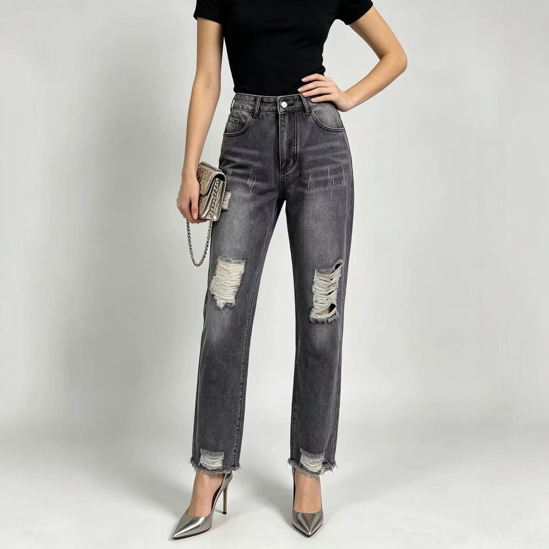 Women's high-waisted Straight Leg Jeans with targeted tear details and raw ankle hem Mune Fashion