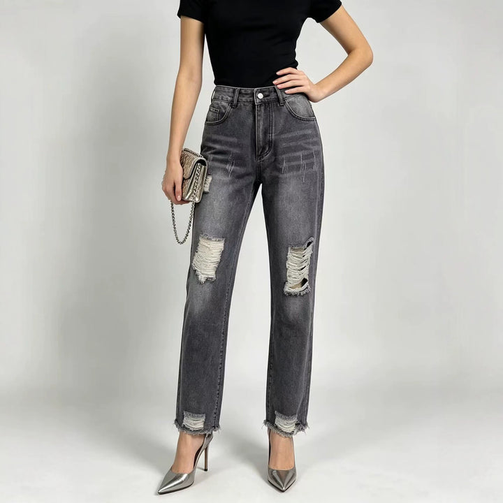 Women's high-waisted Straight Leg Jeans with targeted tear details and raw ankle hem Mune Fashion