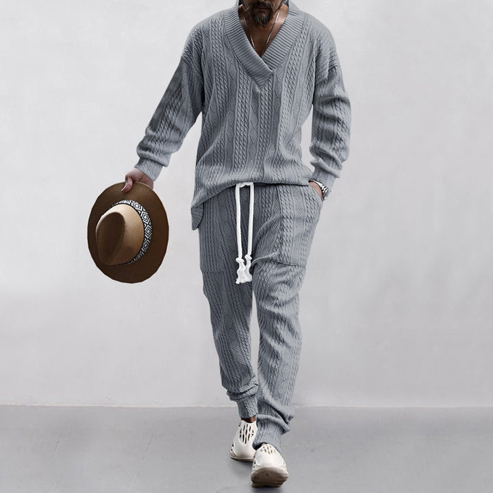 Men's comfortable cable knit set with deep V-neck, drawstring joggers and cuff Mune Fashion