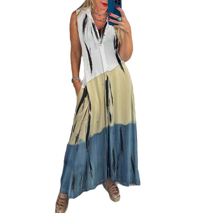 Women's sleeveless long dress with shirt collar, side insertion pockets, and brush stripe pattern Mune Fashion