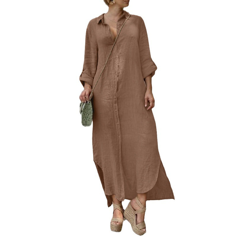Women's button-up shirt dress with a continuous button placket, side slits, and 3/4 sleeves Mune Fashion