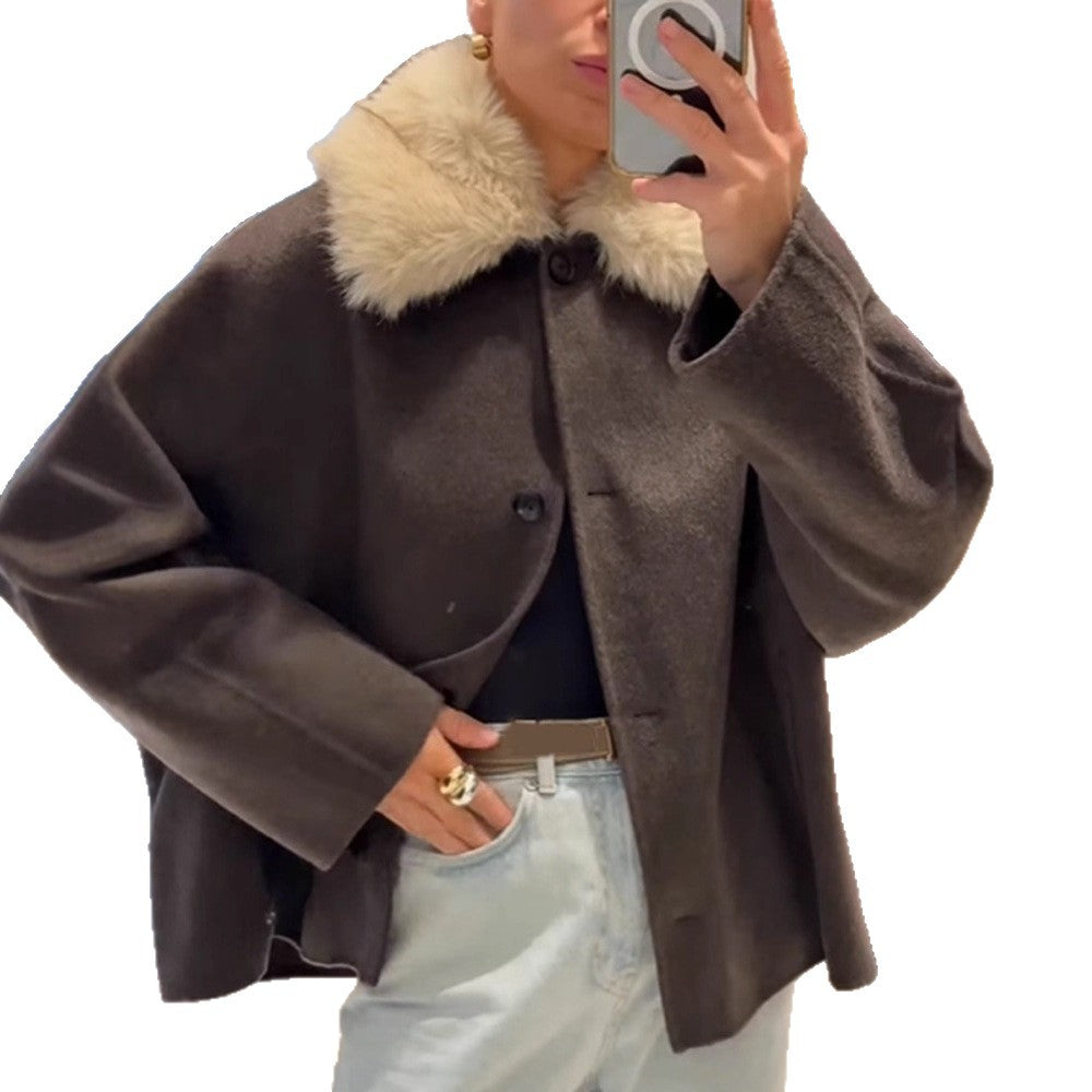 Women's Boxy-Cropped Wool Blend Jacket with Soft Faux Fur Shawl Collar Mune Fashion