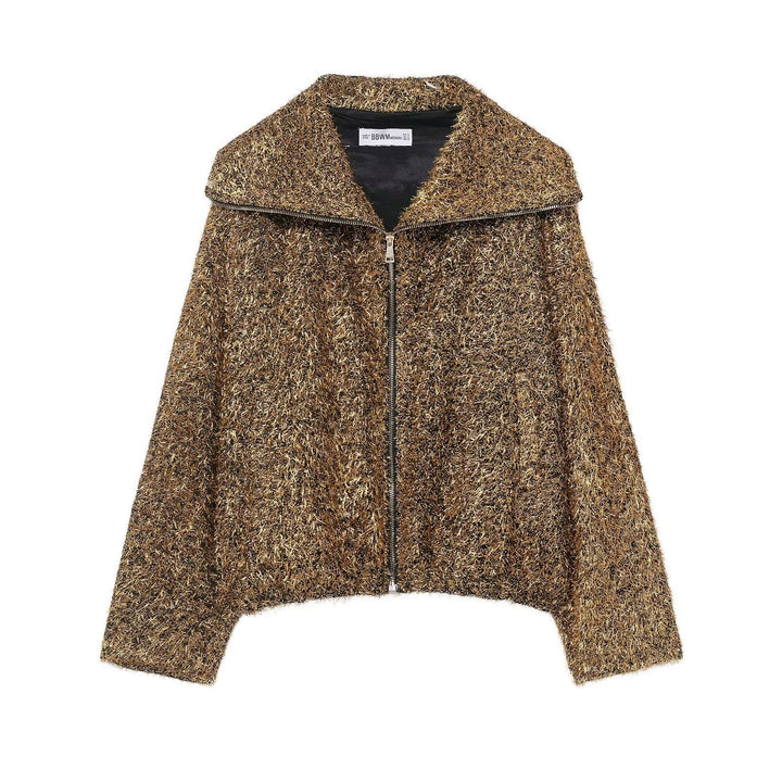 Women's cropped glitter cardigan with zipper and wide shawl collar Mune Fashion
