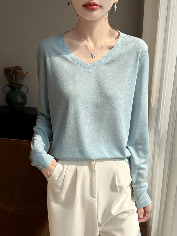 Ladies Lightweight V-Neck Fine Knit Long Sleeve Mune Fashion