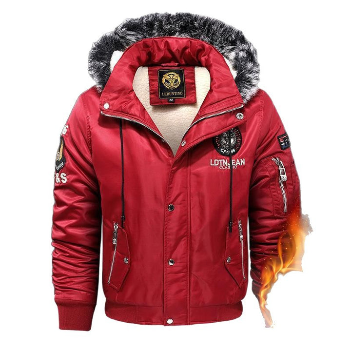 Men's padded thermo bomber jacket with Sherpa lining, removable faux fur hood, and water-repellent nylon outer shell Mune Fashion