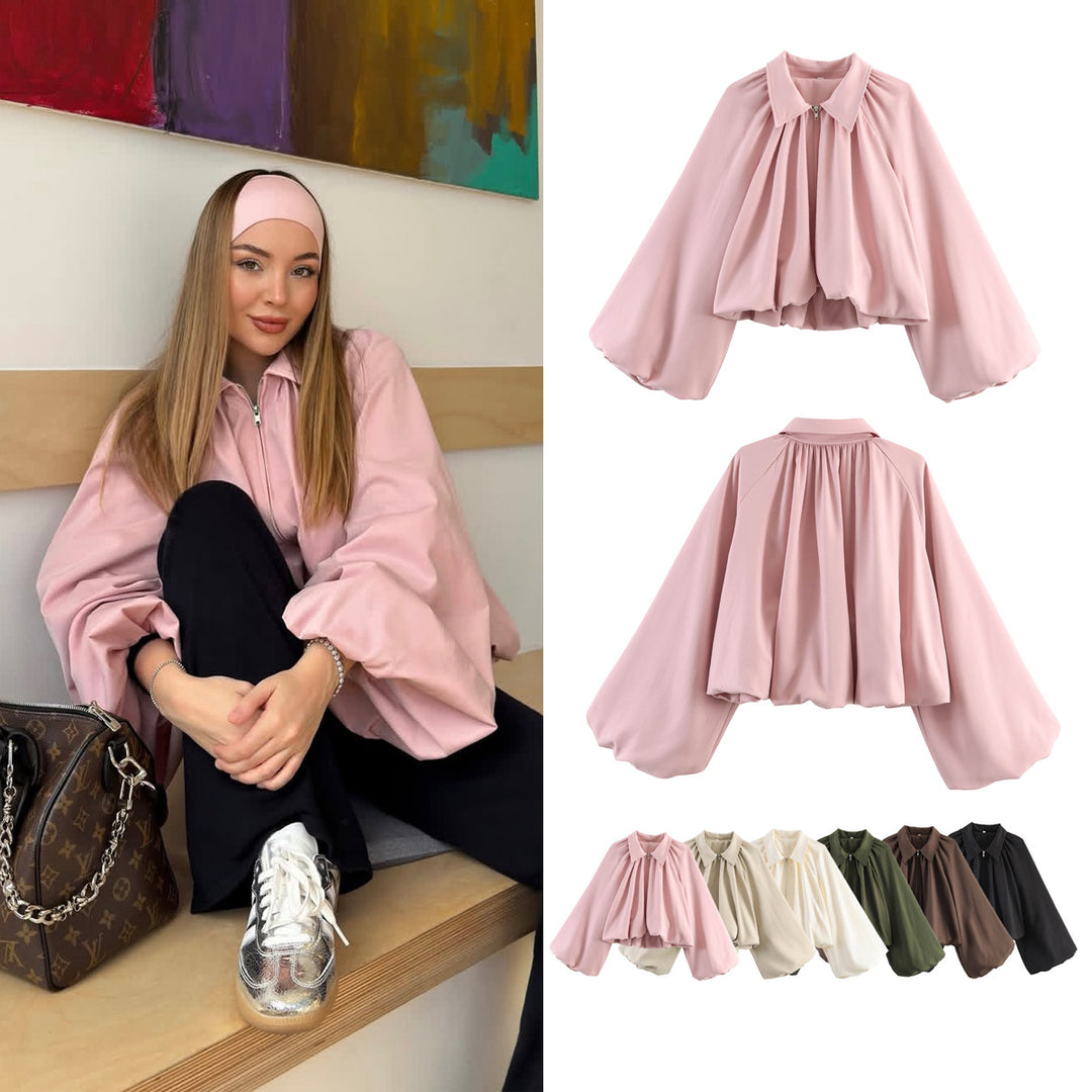 Women’s Short Cape Jacket with Voluminous Balloon Sleeves, Stand Collar and Zip Mune Fashion