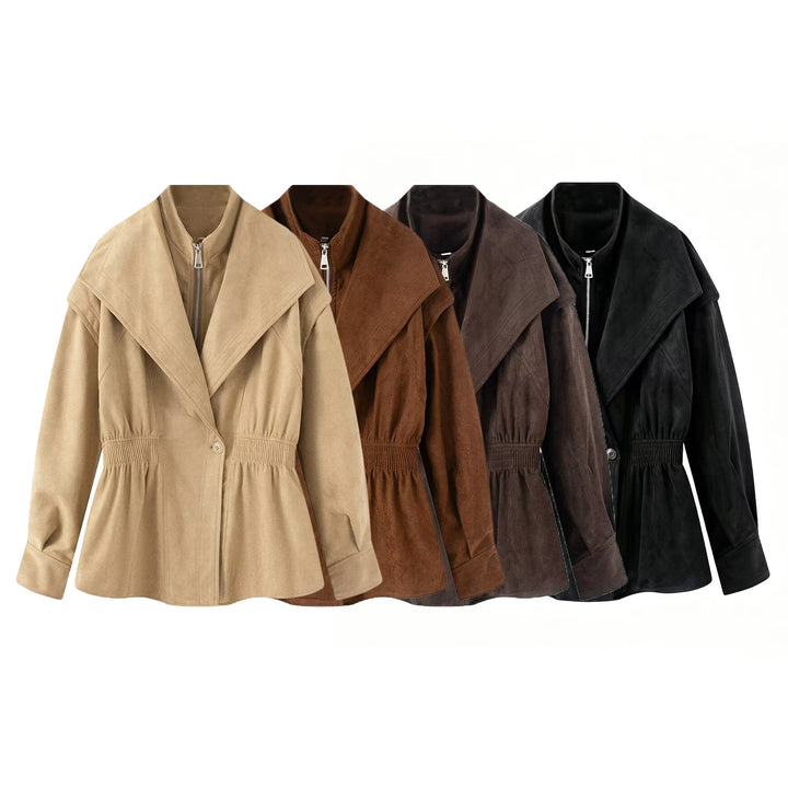 Women's tailored jacket in suede look with large shawl collar, zipper and gathered waist Mune Fashion