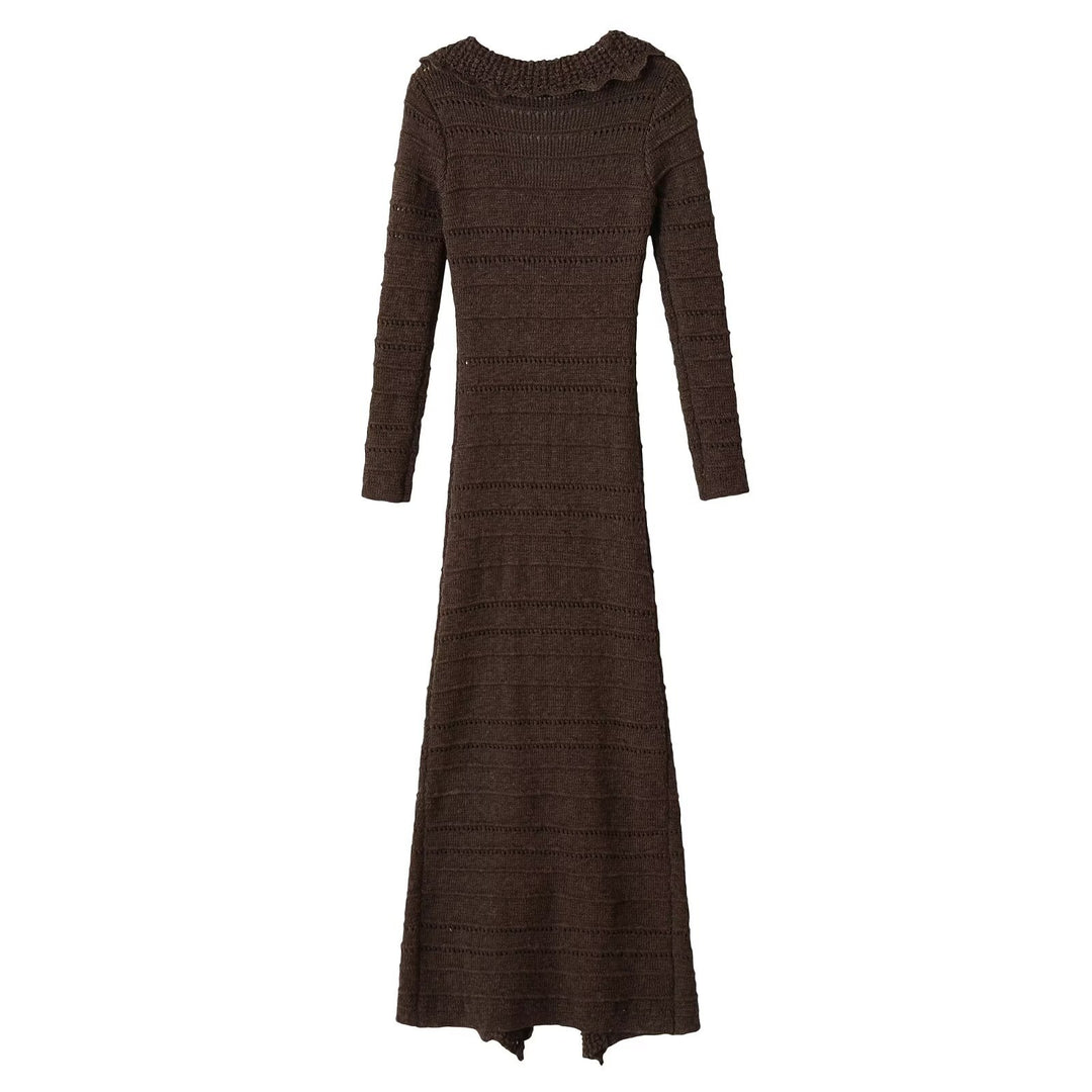 Women Long Open Crochet Knit Coat with V-Neck and Wavy Edge Mune Fashion