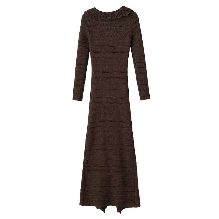 Women Long Open Crochet Knit Coat with V-Neck and Wavy Edge Mune Fashion