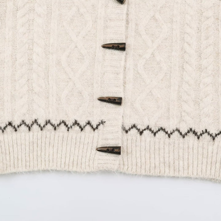 Women's Coarse Knit Hooded Cardigan with Horn Buttons and Norwegian Pattern Mune Fashion