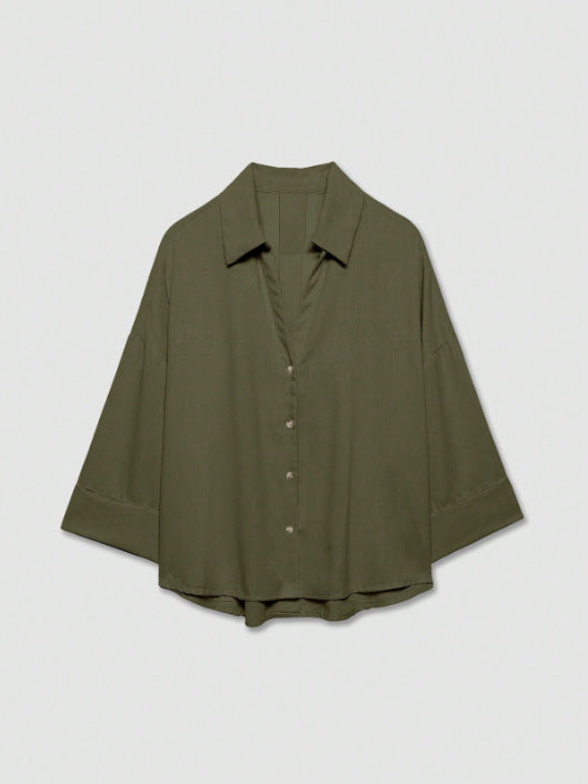 Women's Lightweight Oversized Linen Look Blouse with Three-Quarter Sleeves and Full Button Placket Mune Fashion